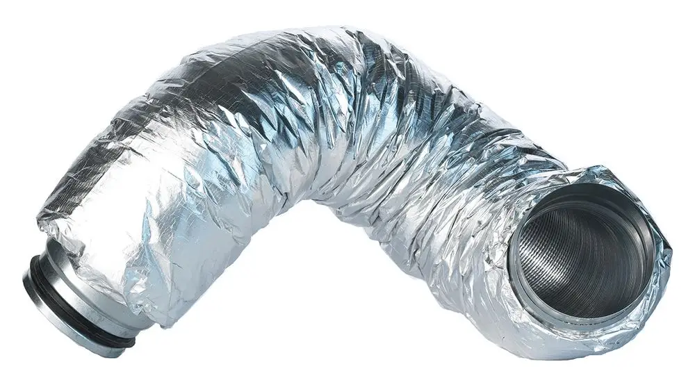 Flexibler Schlauch im silbernen Design, der für die Verbindung von Heizungs- oder Lüftungssystemen geeignet ist. Ideal für Anwendungen mit Vaillant-Geräten.